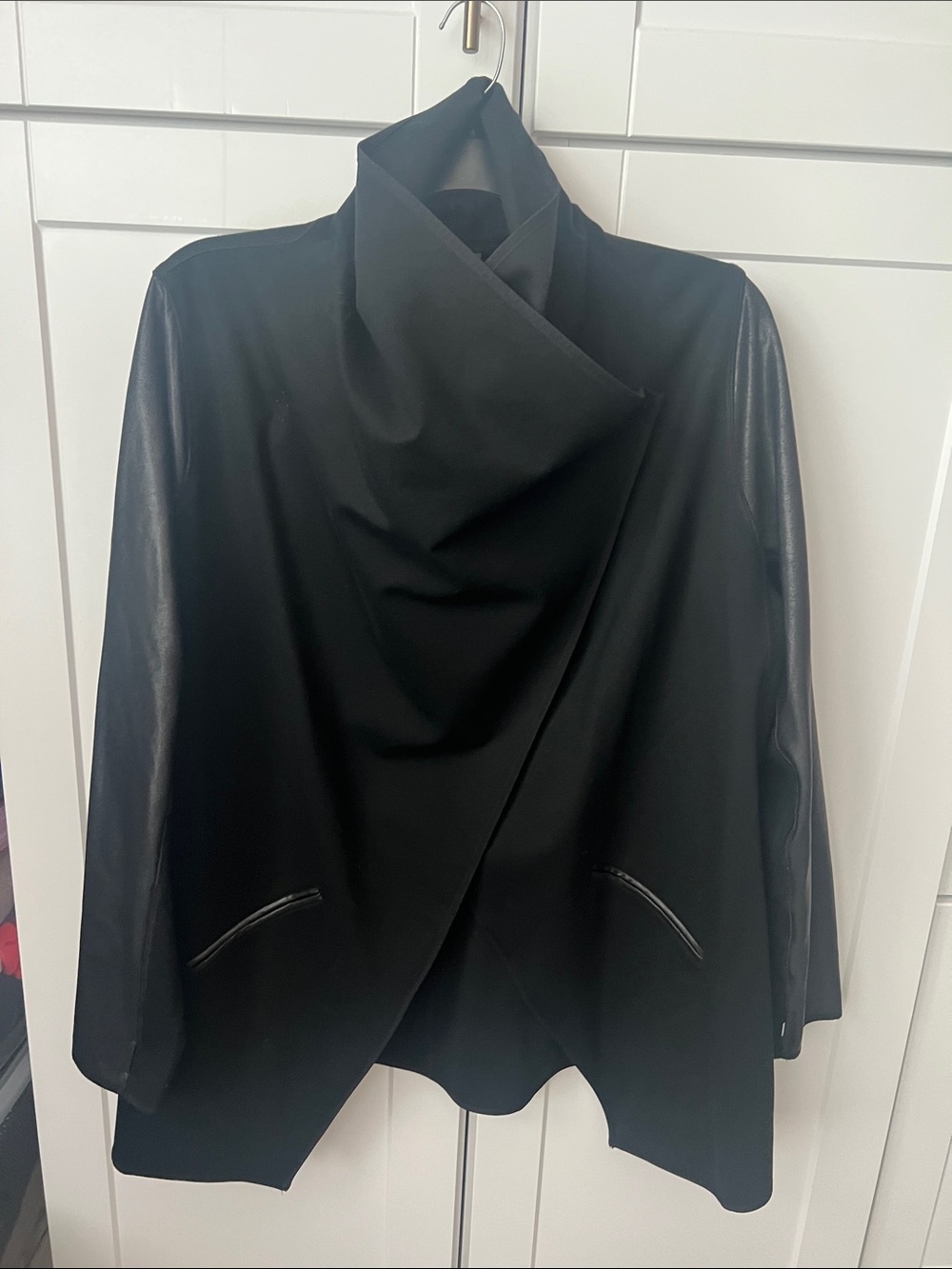 SPANX Black Draped Leather-Sleeve Jacket